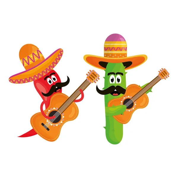 Cacto mexicano e chili com chapéus e guitarras personagens cômicos — Vetor de Stock