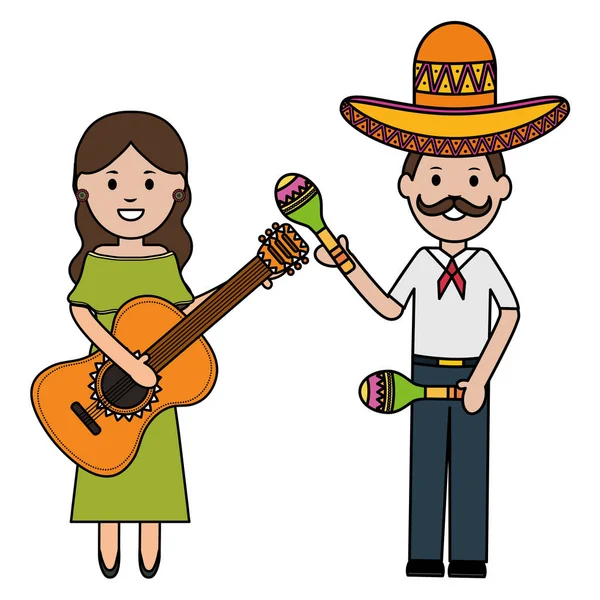 Pareja mexicana con sombrero e instrumentos de mariachi — Vector de stock