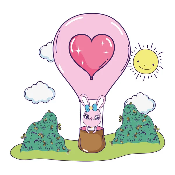 Mignonne fille de lapin volant en ballon air chaud valentines jour — Image vectorielle