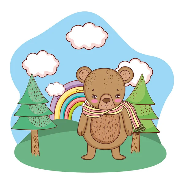 Urso pequeno bonito com cachecol no acampamento — Vetor de Stock