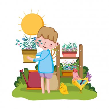 raf ve horoz ile küçük çocuk kaldırma houseplant