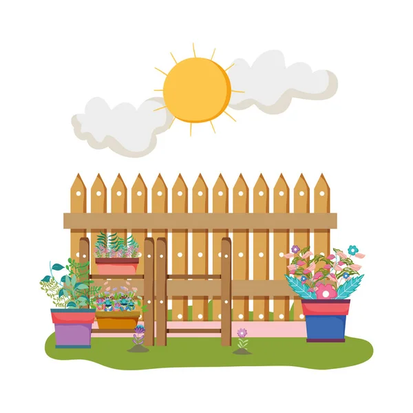 Chelf trädgård och staket med krukväxter — Stock vektor