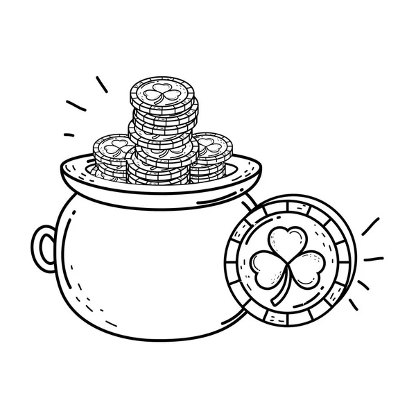 Tesoro caldero con tréboles monedas santo patrick día — Vector de stock