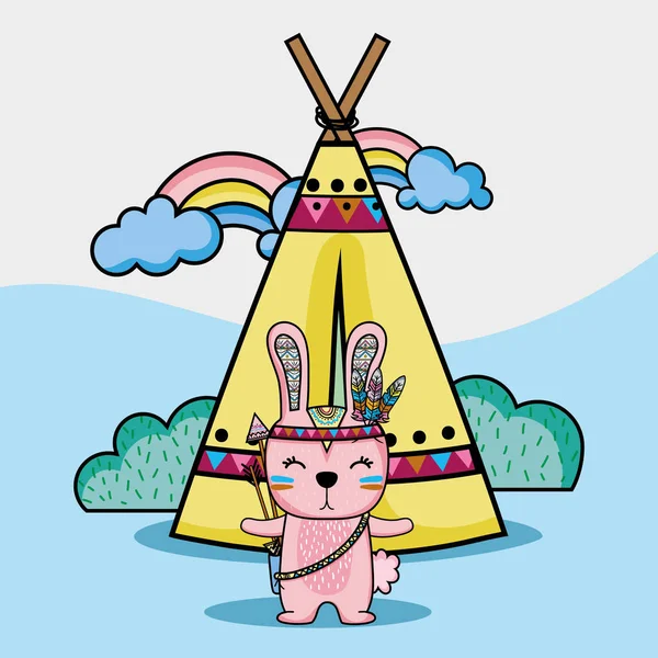 Conejo animal tribal con campamento y arco iris — Vector de stock