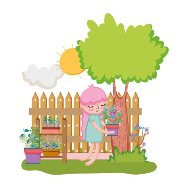 küçük kız çit ve ağaç ile houseplant kaldırma
