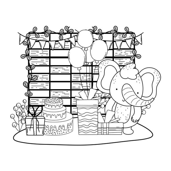Слон с подарками и воздушными шарами гелий в поле — стоковый вектор