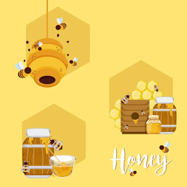 Conjunto de miel y abejas — Vector de stock