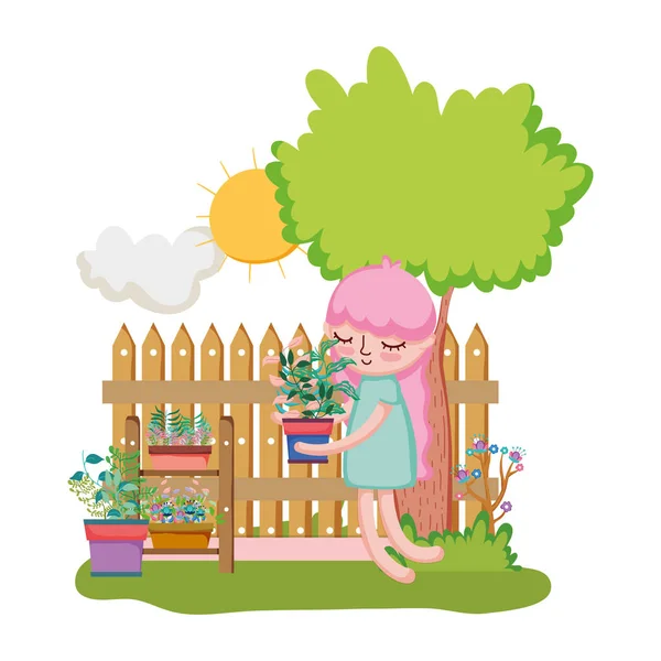 Маленькая девочка поднимает ковровое покрытие с забором и деревом — стоковый вектор