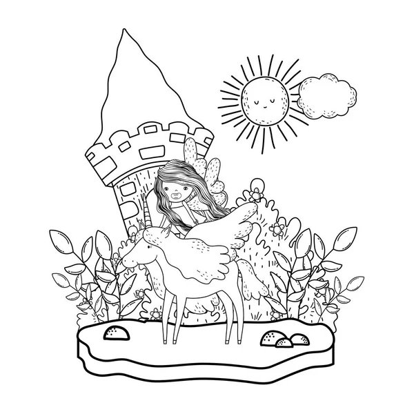 manzara tek boynuzlu at ve peri ile kale