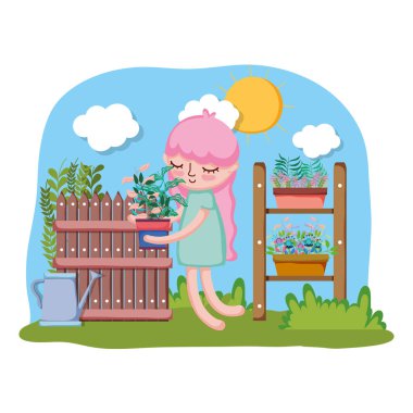 çit ve raf ile houseplant kaldırma küçük kız