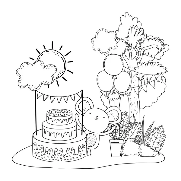 Myš s koláčem a balónky v terénu — Stockový vektor
