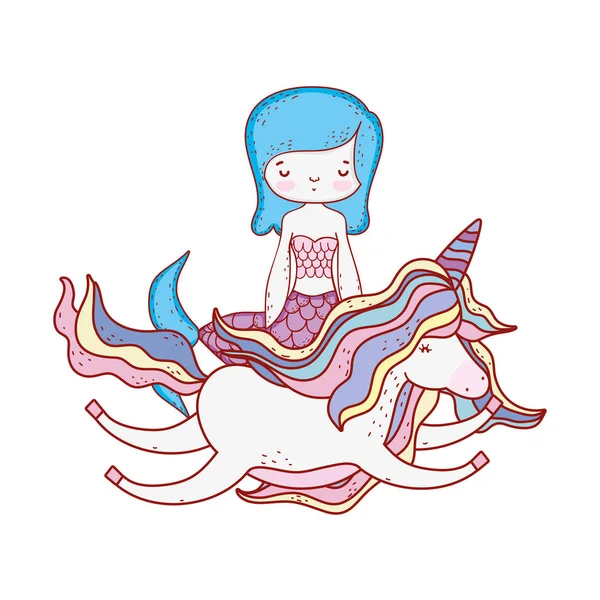 Linda sirena con personajes de unicornio — Vector de stock