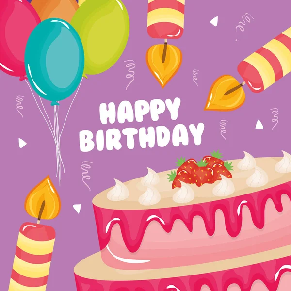 Tarjeta de cumpleaños feliz, pastel dulce y vela con globos de helio — Archivo Imágenes Vectoriales