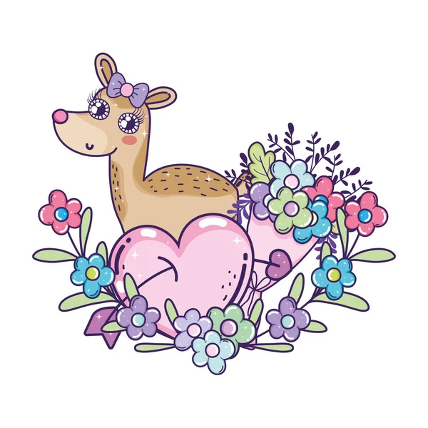 Lindo amor hembra renos con flores y corazón — Vector de stock