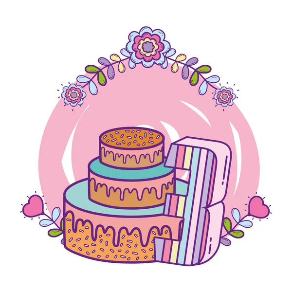 Feest taart met bloemen en kaars nummer drie — Stockvector