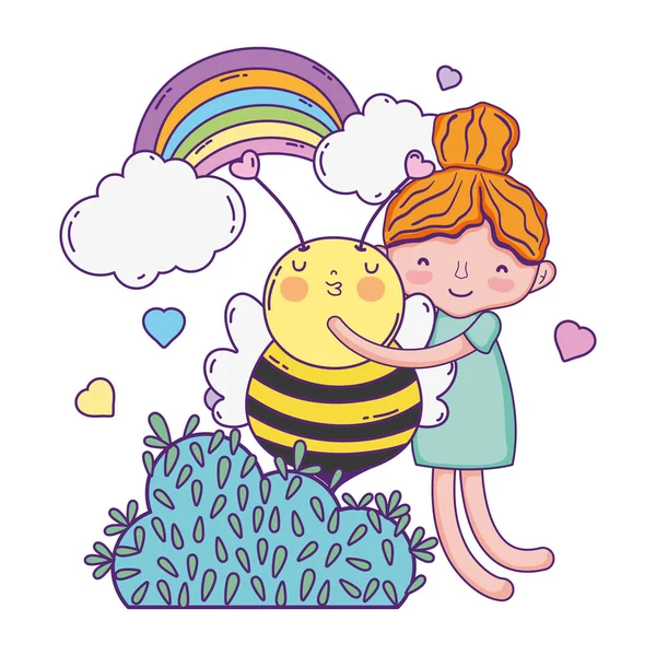 Little girl with bee kawaii character — Stock Vector