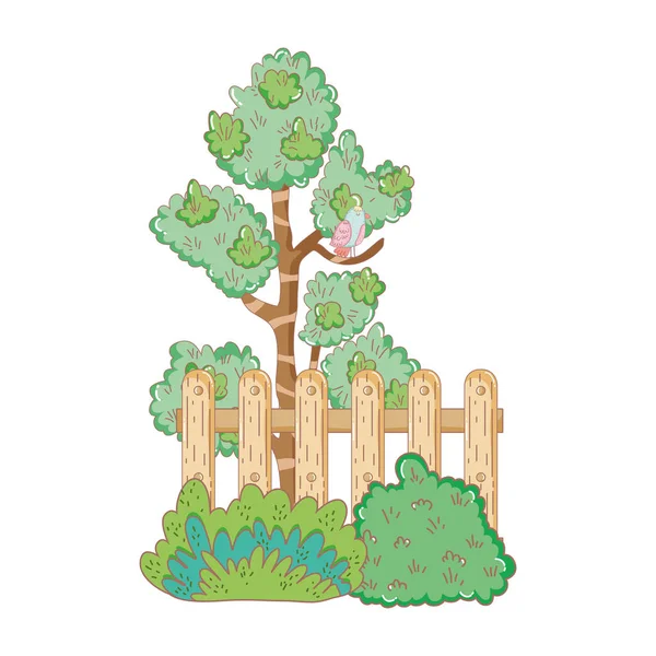 Planta de árbol con cerca y arbusto — Vector de stock