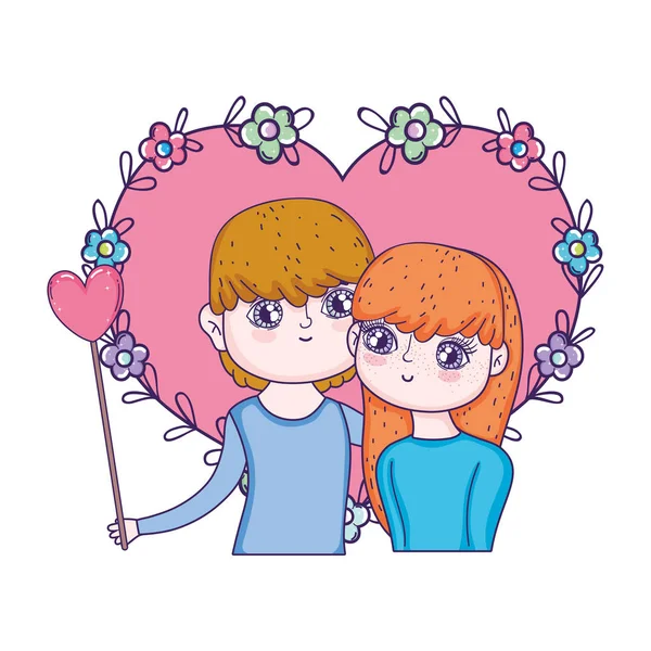 Young lovers couple with floral decoration — Stock Vector