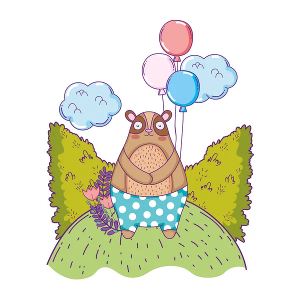 Lindo oso con globos de helio en el paisaje — Vector de stock