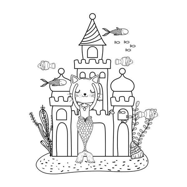 Mignonne purrmaid avec château sous-marin — Image vectorielle