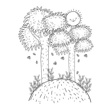 Güneş kawaii ve ağaçları ile güzel manzara