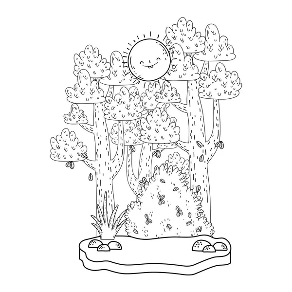 Hermoso paisaje con sol kawaii y árboles — Archivo Imágenes Vectoriales