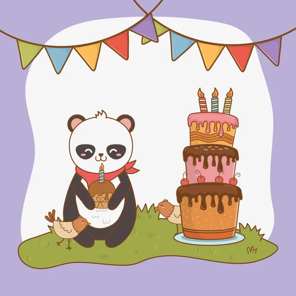Cartão de aniversário com bonito urso panda bosque — Vetor de Stock