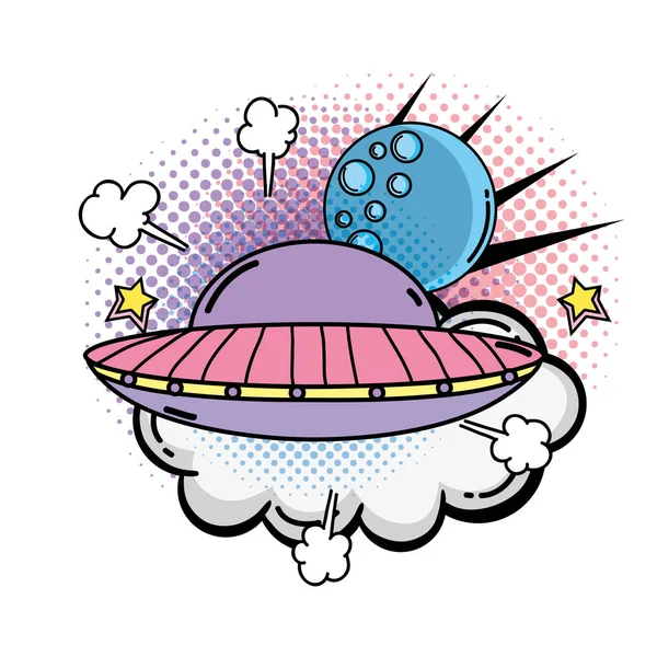 Ufo fliegen mit Mond-Pop-Art-Stil — Stockvektor