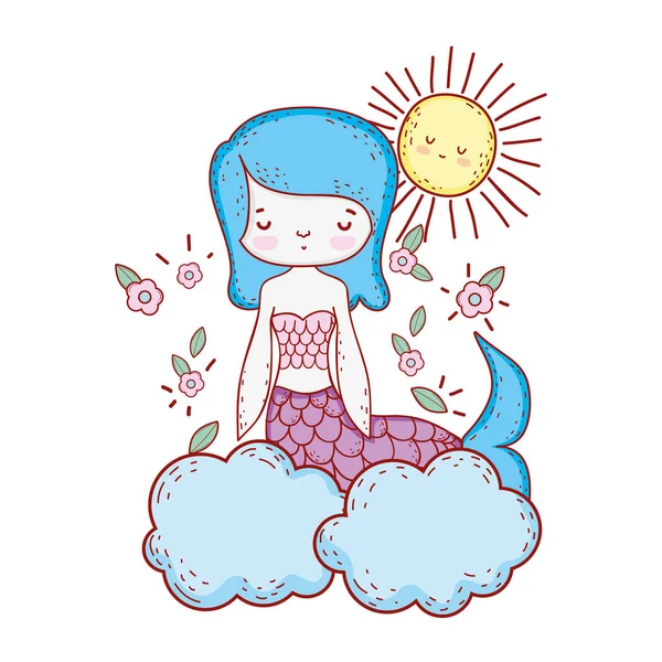 Mignonne sirène avec des fleurs dans le nuage — Image vectorielle