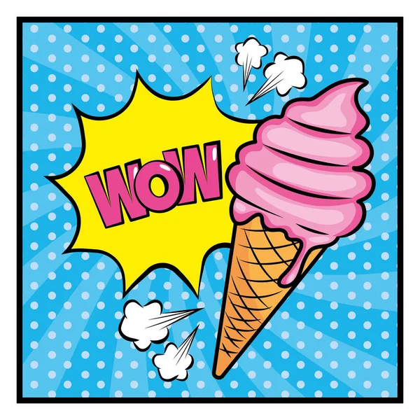 Ice cream pop art and star with wow message — Stock Vector