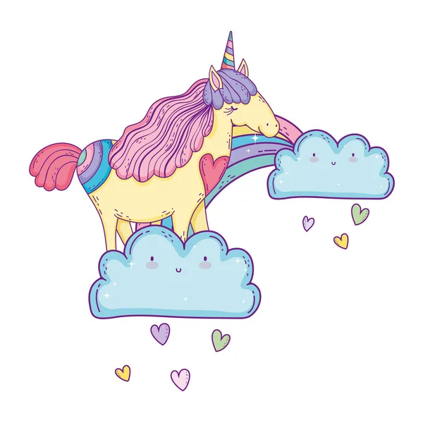 Belle petite licorne dans les nuages et arc-en-ciel — Image vectorielle