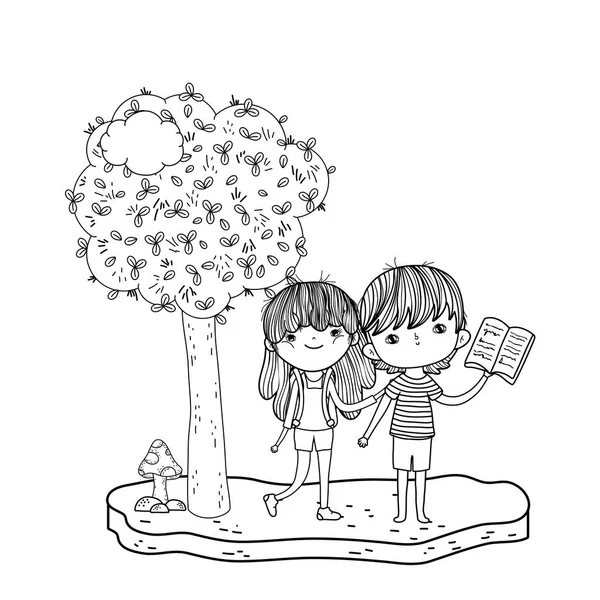 Crianças pequenas felizes lendo livros na paisagem — Vetor de Stock