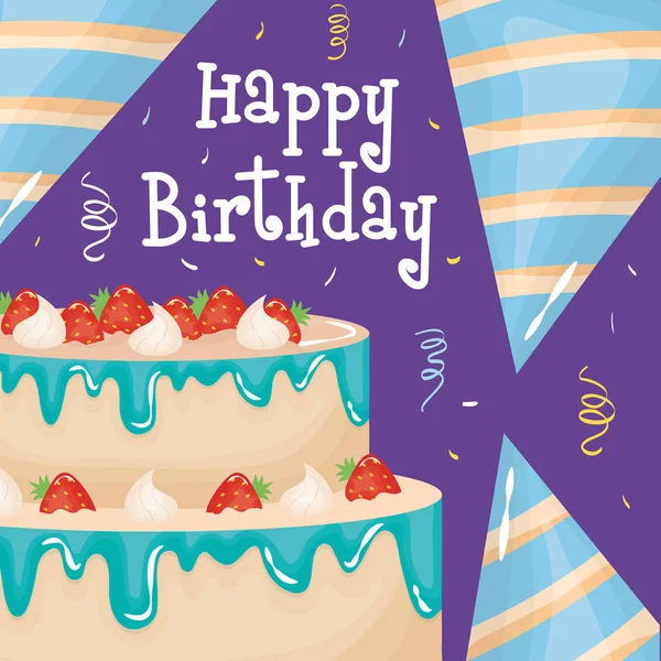 Tarjeta de cumpleaños feliz con pastel dulce con fresas — Archivo Imágenes Vectoriales