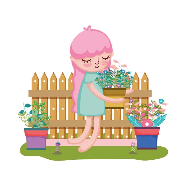 Niña levantando planta de interior con valla en el jardín — Vector de stock