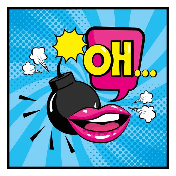 Donna bocca con bomba e chat bolla — Vettoriale Stock