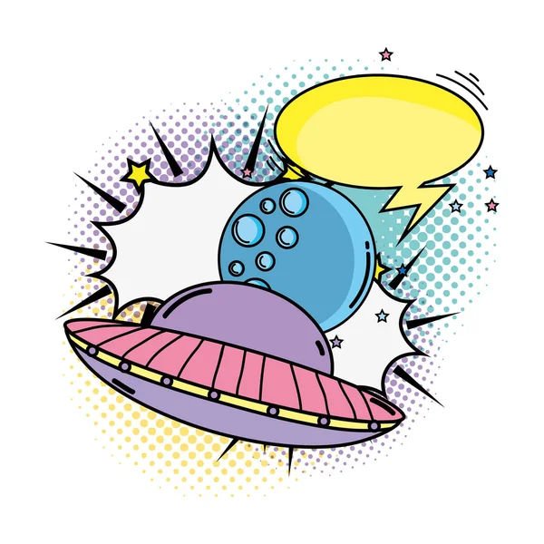 Ufo volando con luna pop estilo de arte — Vector de stock