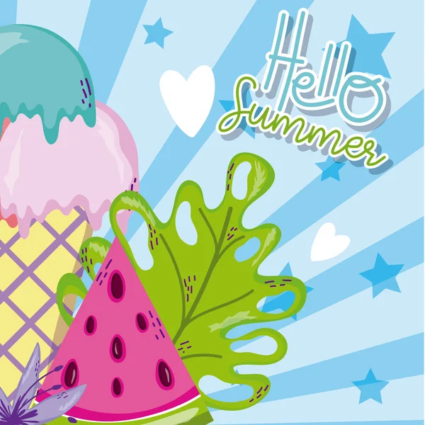 Hola tarjeta de verano con dibujos animados lindos — Vector de stock