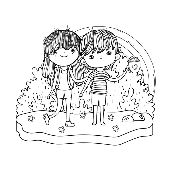 Niños pequeños pareja en el paisaje — Vector de stock