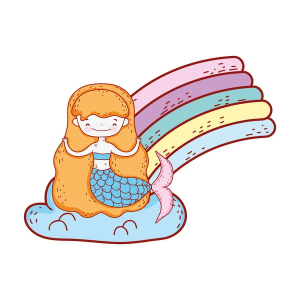 Niedliche Meerjungfrau mit Wolken und Regenbogen — Stockvektor
