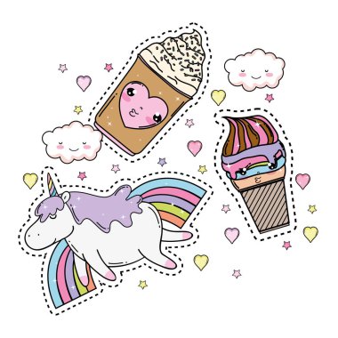 set kawaii simgeleri ile sevimli tek boynuzlu at