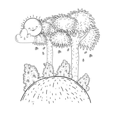 Güneş kawaii ve ağaçları ile güzel manzara