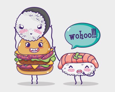 Hamburger ve suşi kawaii karikatürler