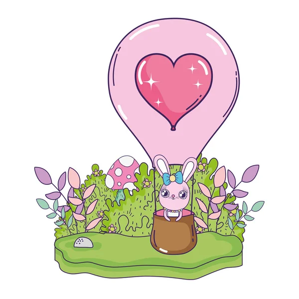 Cute rabbit girl flying in balloon air hot valentines day — Stock Vector