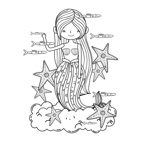 Bela sereia com estrelas-do-mar em nuvens — Vetor de Stock