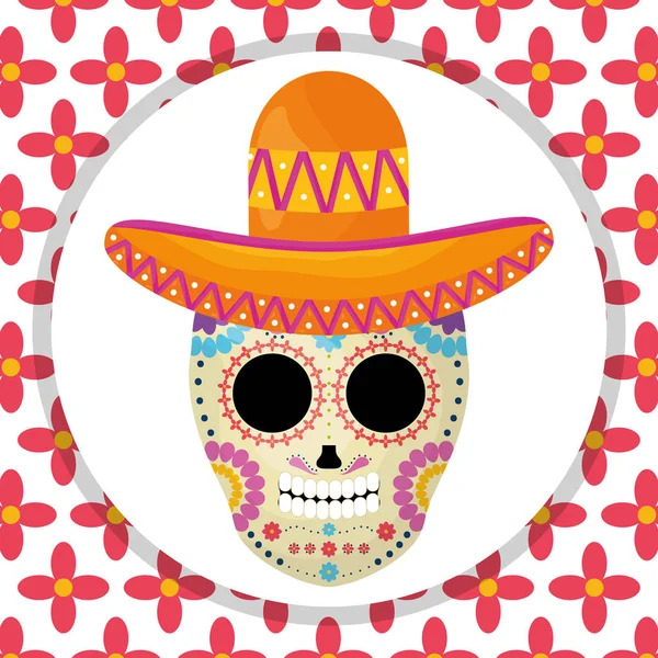 Masque de mort crâne mexicain avec chapeau mariachi en fond floral — Image vectorielle