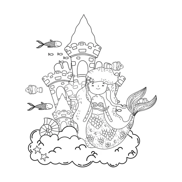 Sirène avec château scène sous-marine — Image vectorielle