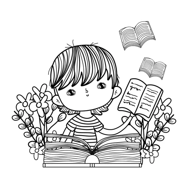 Menino feliz lendo livro no jardim — Vetor de Stock
