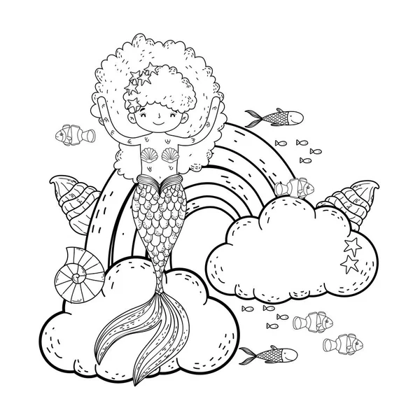 Linda sirena con nubes y arco iris — Vector de stock