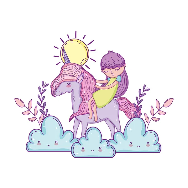 Pequeño unicornio y princesa en las nubes — Vector de stock