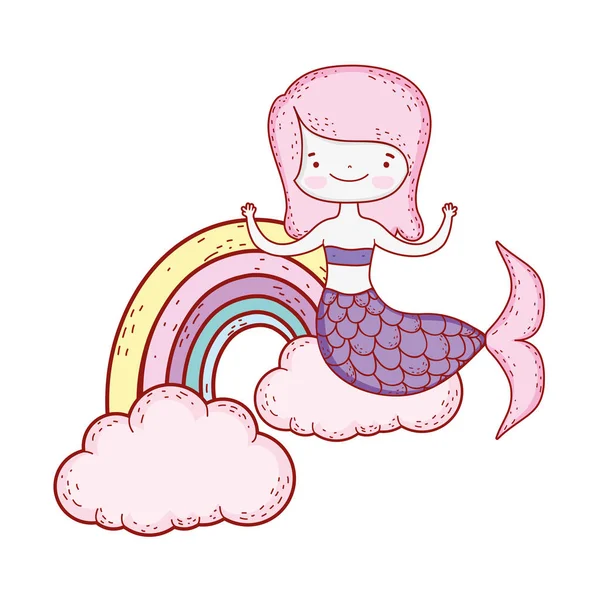 Bulutlar ve rainbow ile şirin deniz kızı — Stok Vektör